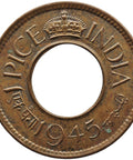 1945 1 Pice British India George VI Coin Flat crown Calcutta Mint