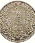 1913 A Half Rupie German East Africa Wilhelm II Coin Silver Berlin Mintmark