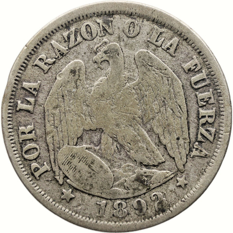 1892 20 Centavos Chile Coin Silver