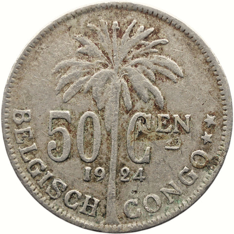 1924 50 Centimes Belgian Congo Coin Albert I Dutch text