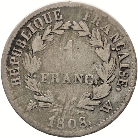 1808 W 1 Francs France Silver Coin Napoleon Bonaparte Lille Mint